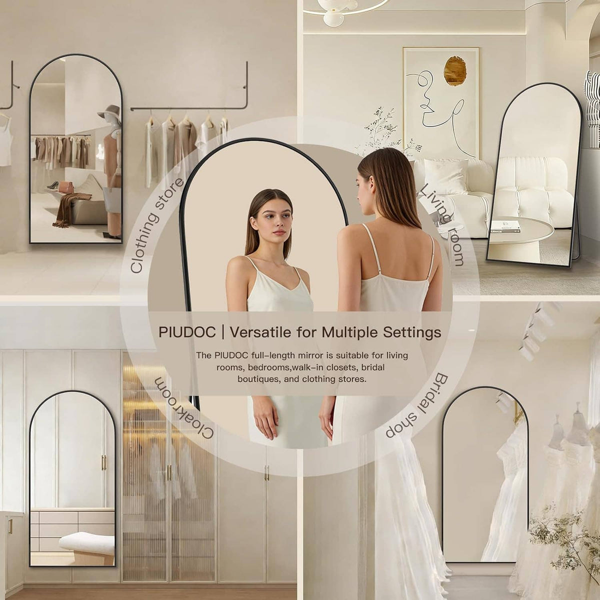 Arched full-length floor mirror with black frame shown in multiple room display settings.