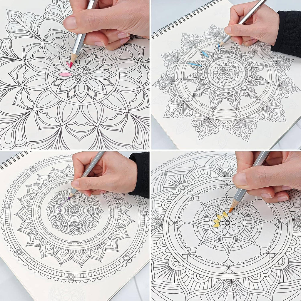 Mandala coloring book pages with intricate floral designs, spiral-bound sheets.