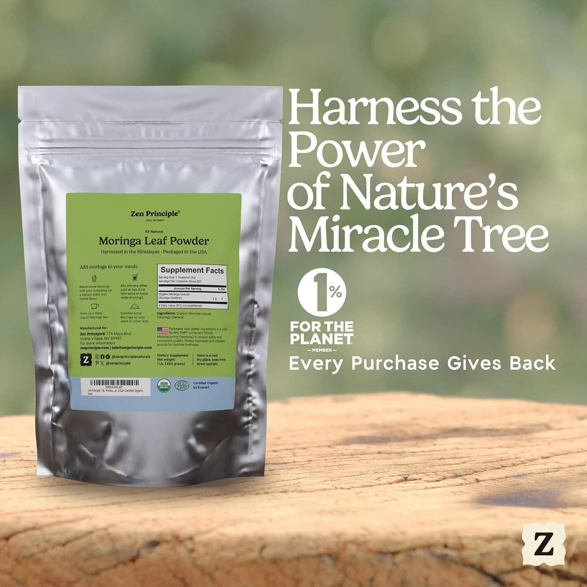 Single moringa leaf powder silver pouch with green label, standing on wooden surface