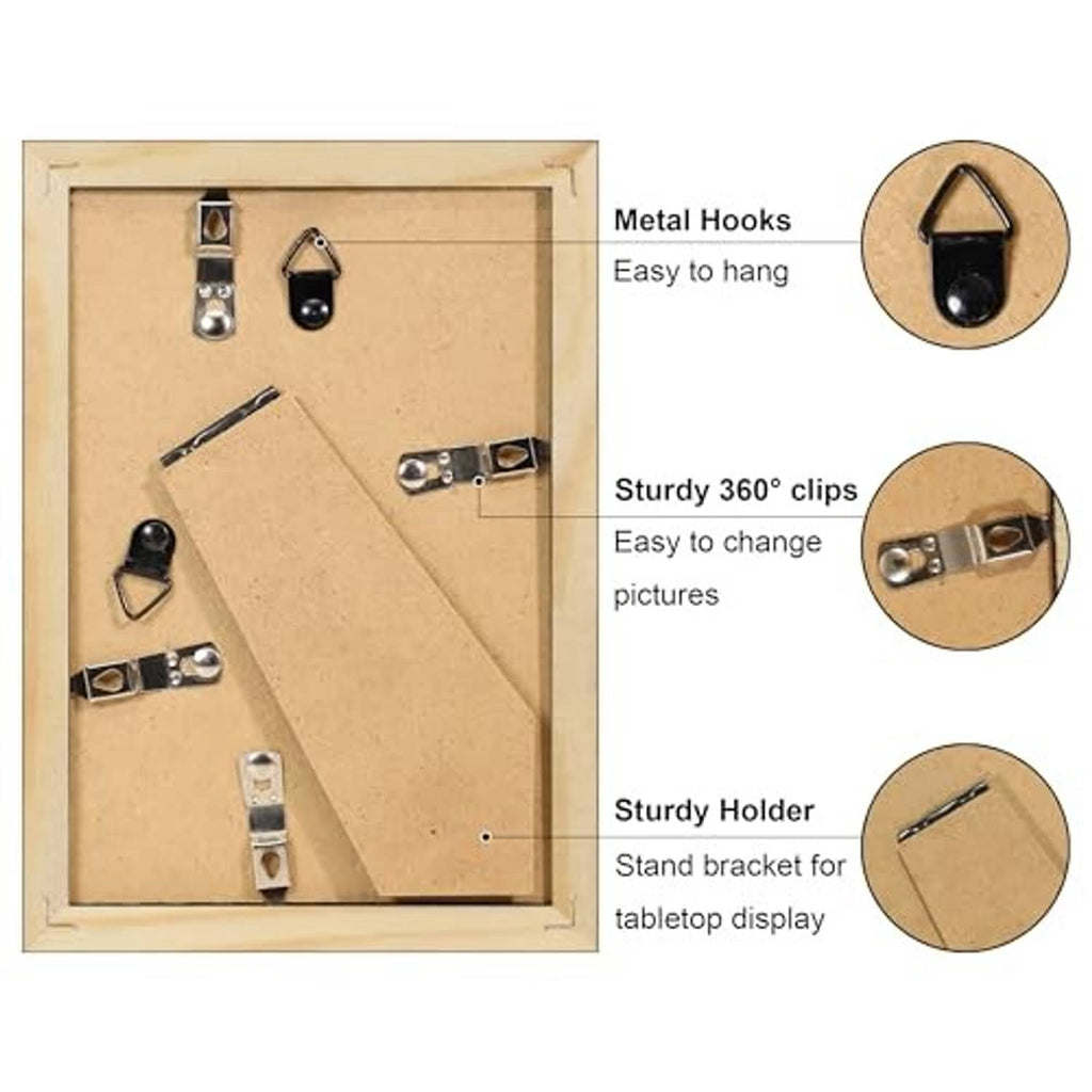 Back of a black photo frame showing metal hanging hooks and 360° clips