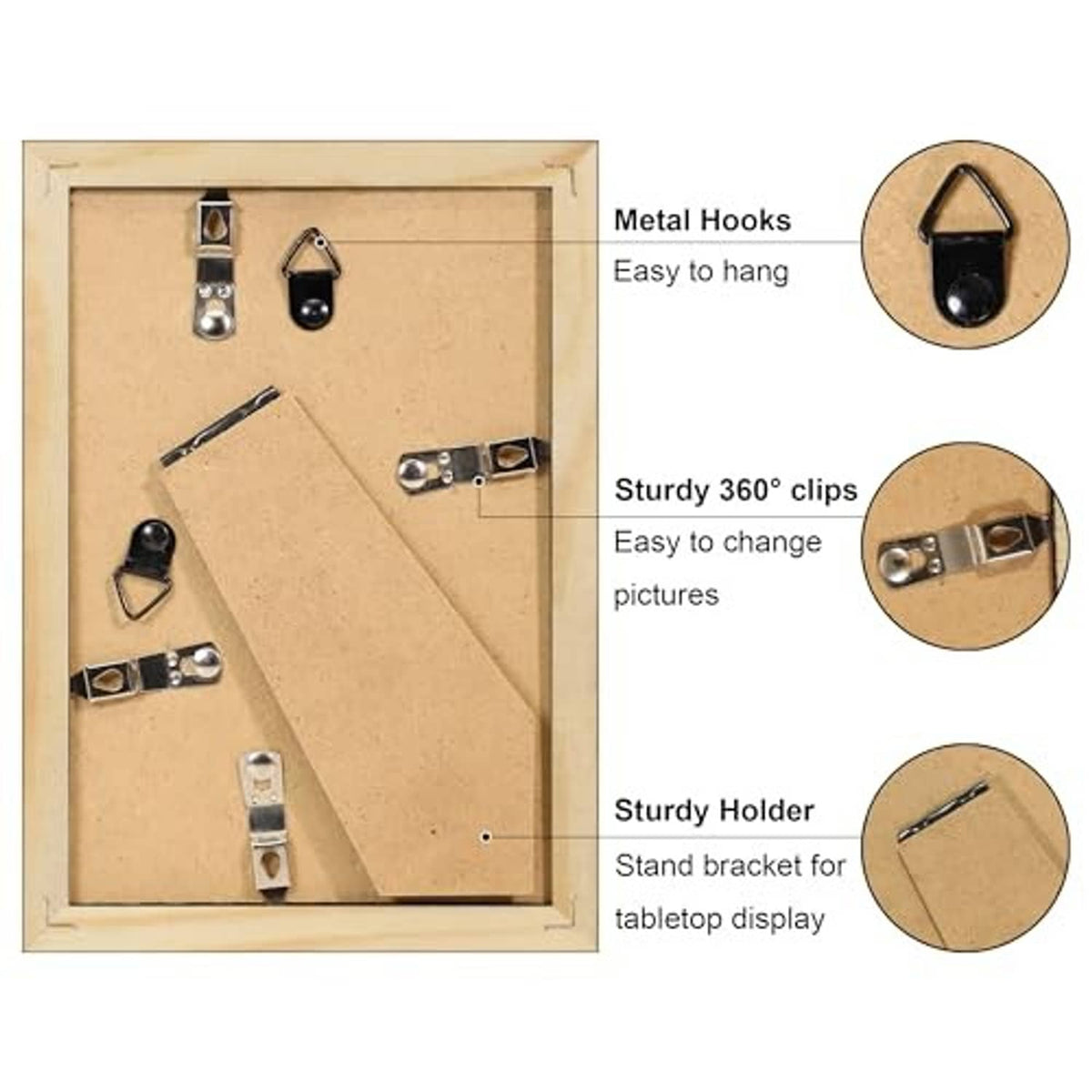 Back of a black photo frame showing metal hanging hooks and 360° clips