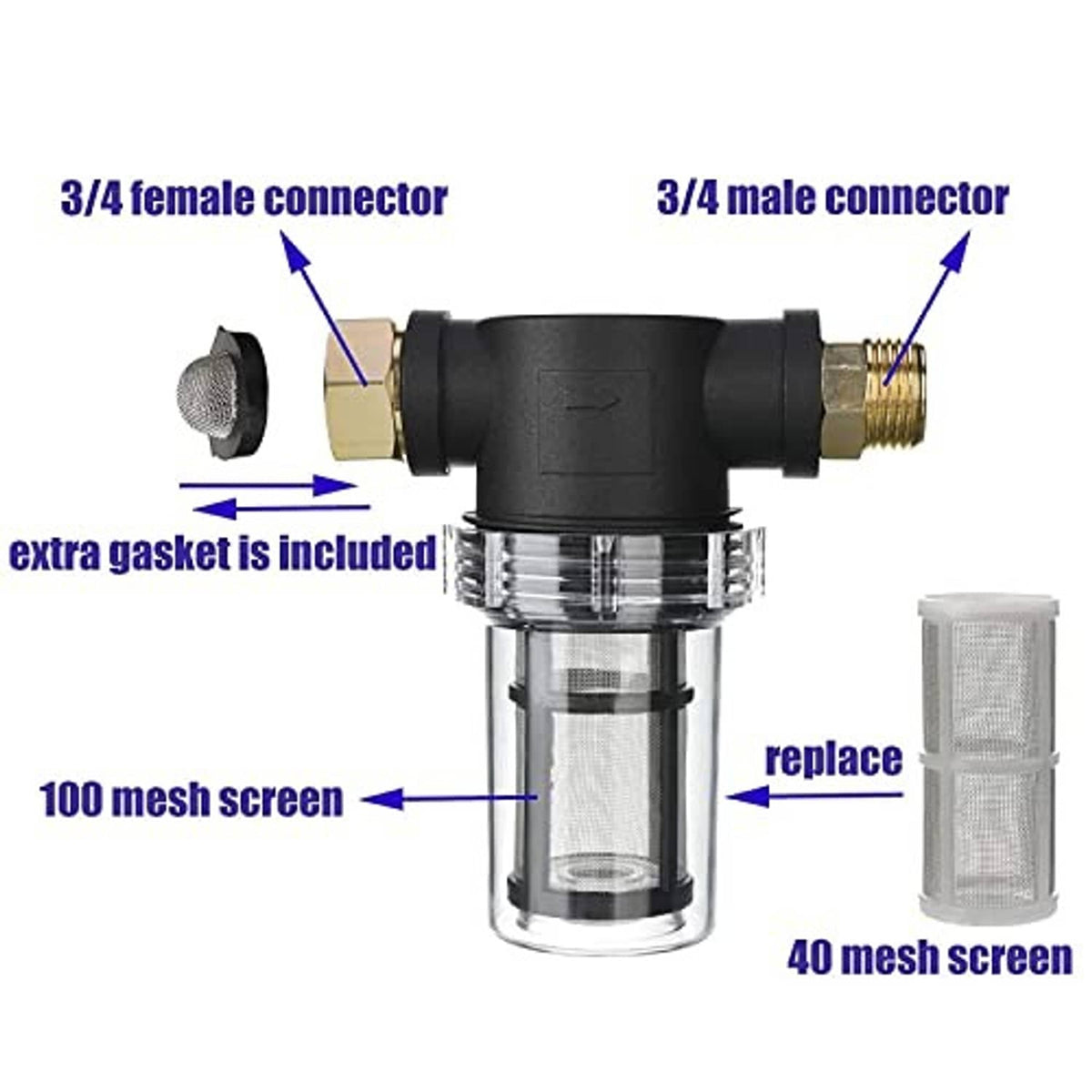 Inline water filter with 3/4 female and male connectors plus replaceable mesh screens