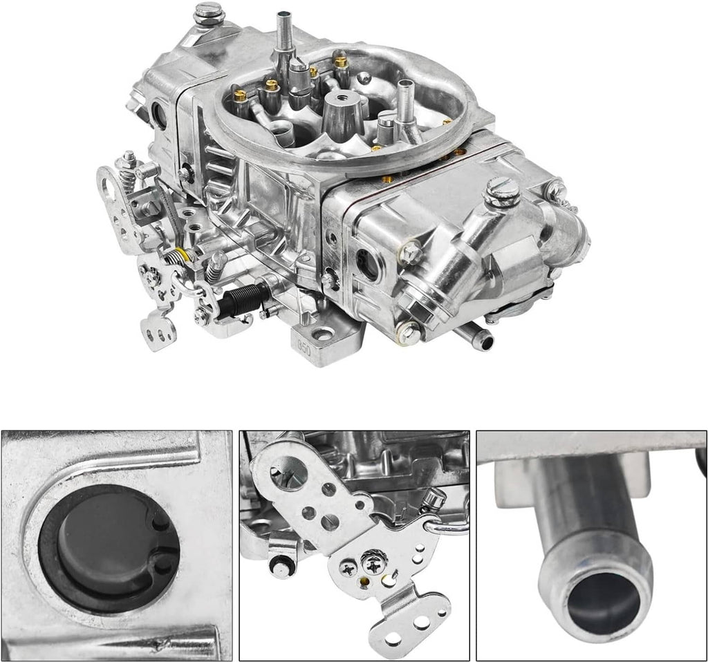 4-barrel mechanical carburetor side view with close-up details of port and linkage