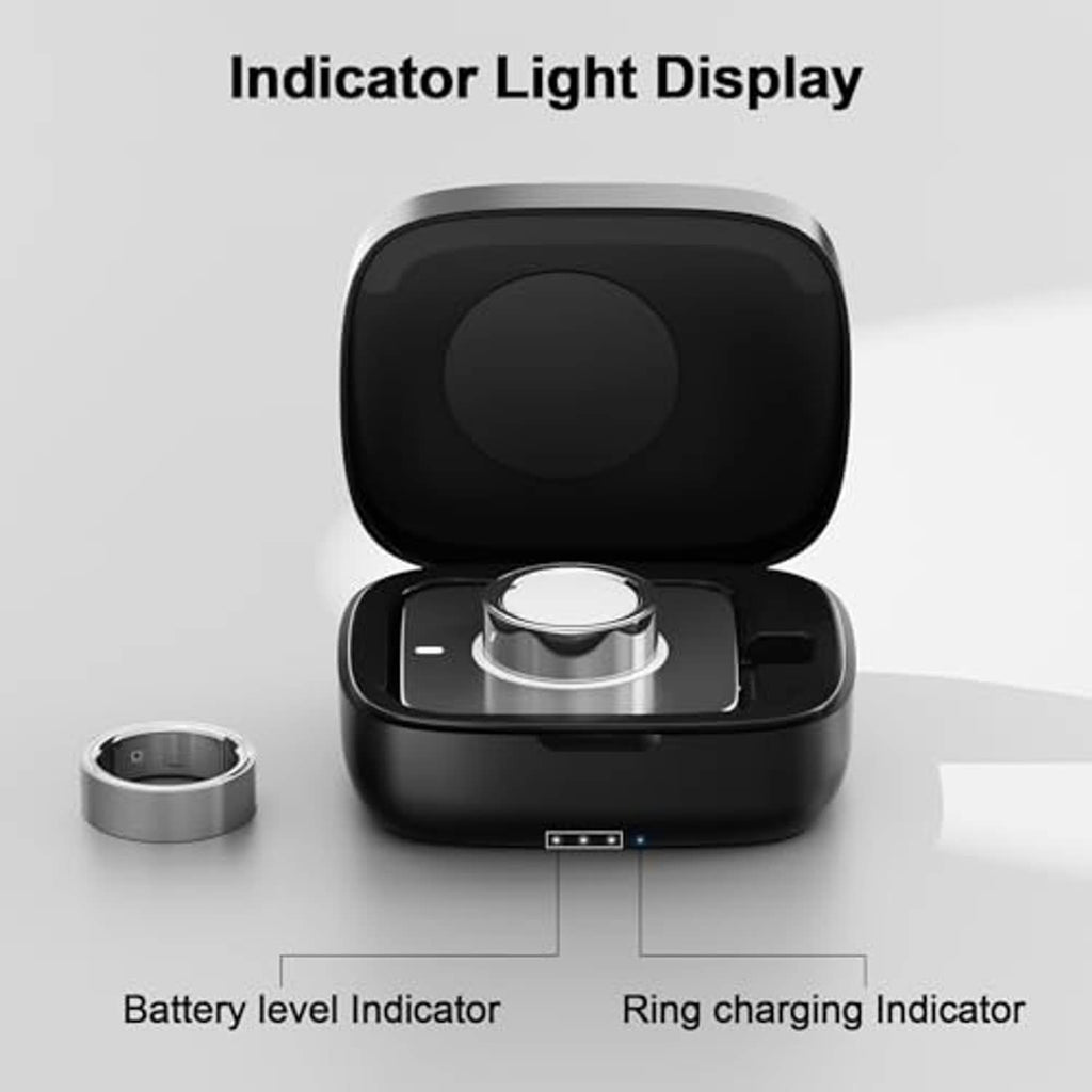 Black wireless charging case open with LED-style indicator light and ring cradle