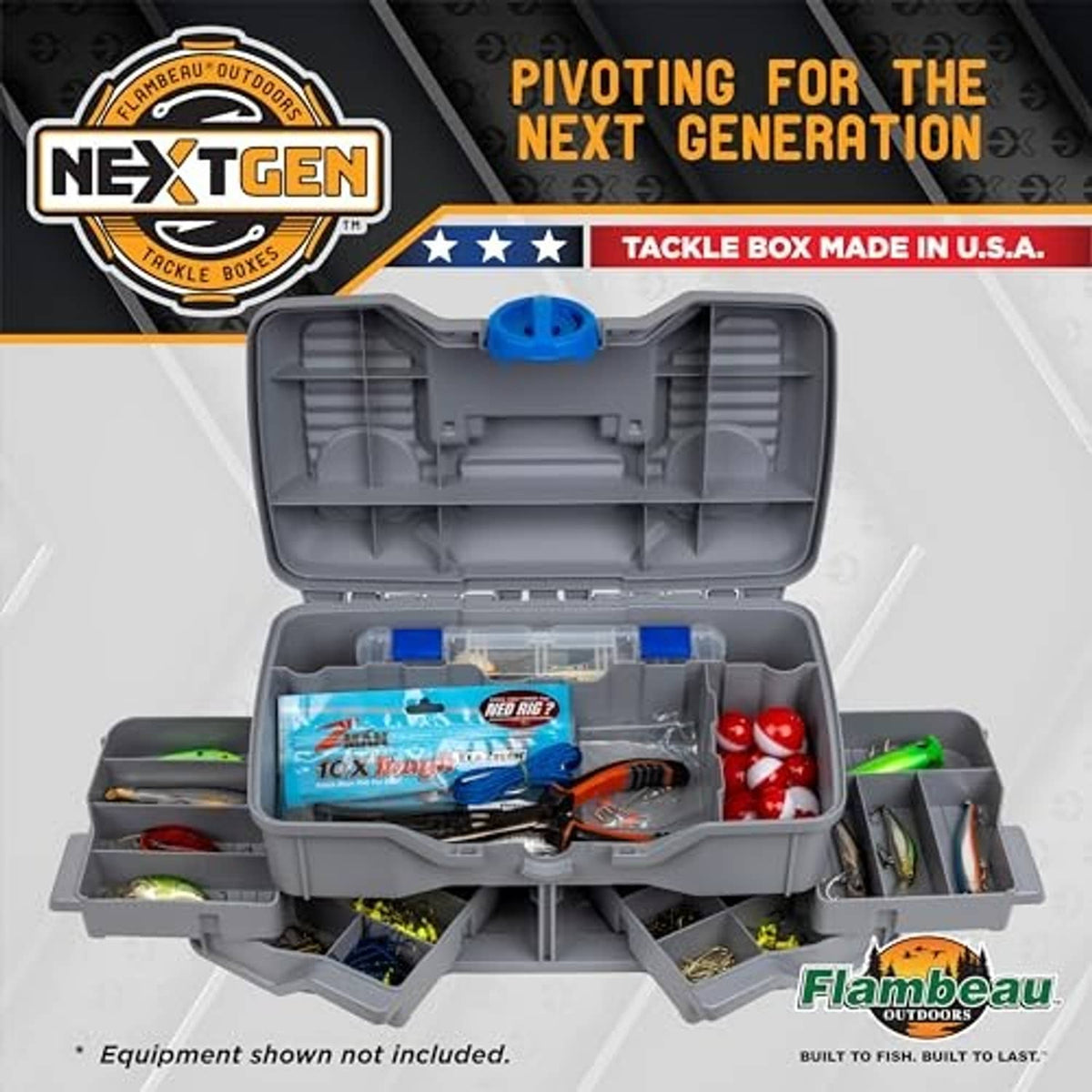 Open light gray tackle box with blue latch containing assorted lures and weights