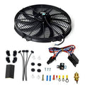 Electric radiator cooling fan with black circular grille, wiring harness, and mounting parts