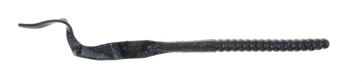 Soft plastic fishing worm, black with blue flecks, ribbed body and curled tail