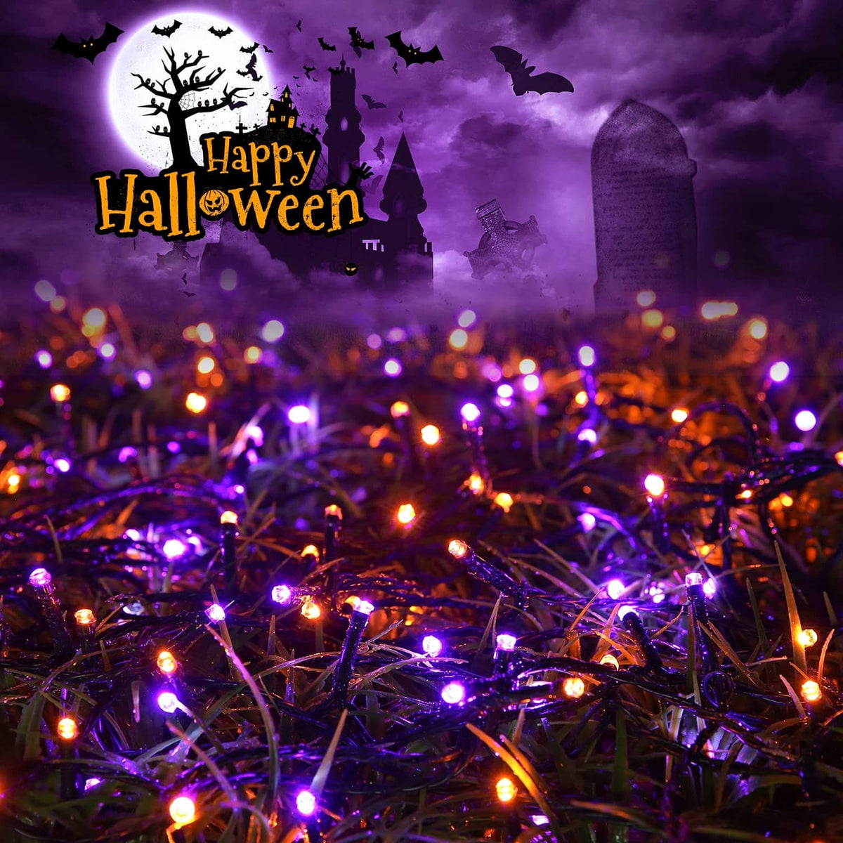 Halloween string lights with multicolor glowing LED bulbs on black wire across yard plants