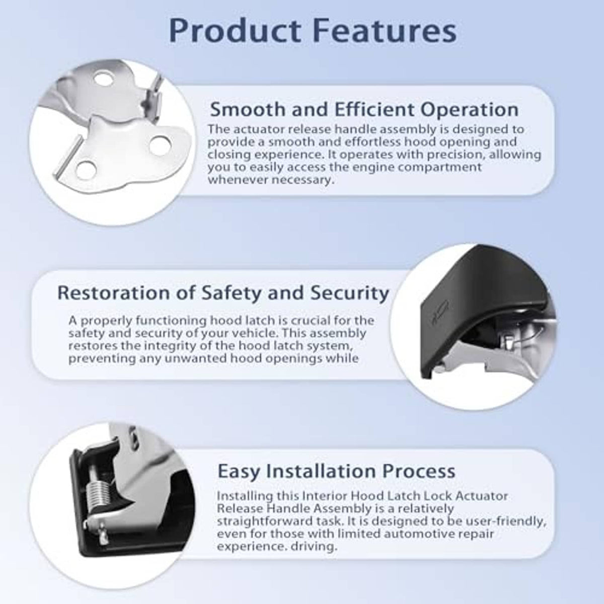 Hood latch lock actuator release handle with black cover and silver metal latch mechanism