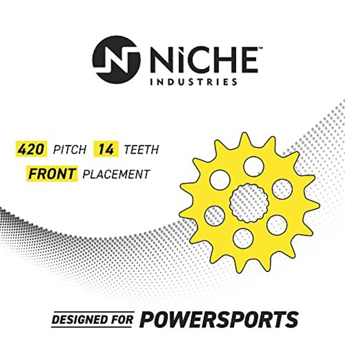 Niche Industries sprocket pitch and tooth placement graphic with yellow sprocket icon