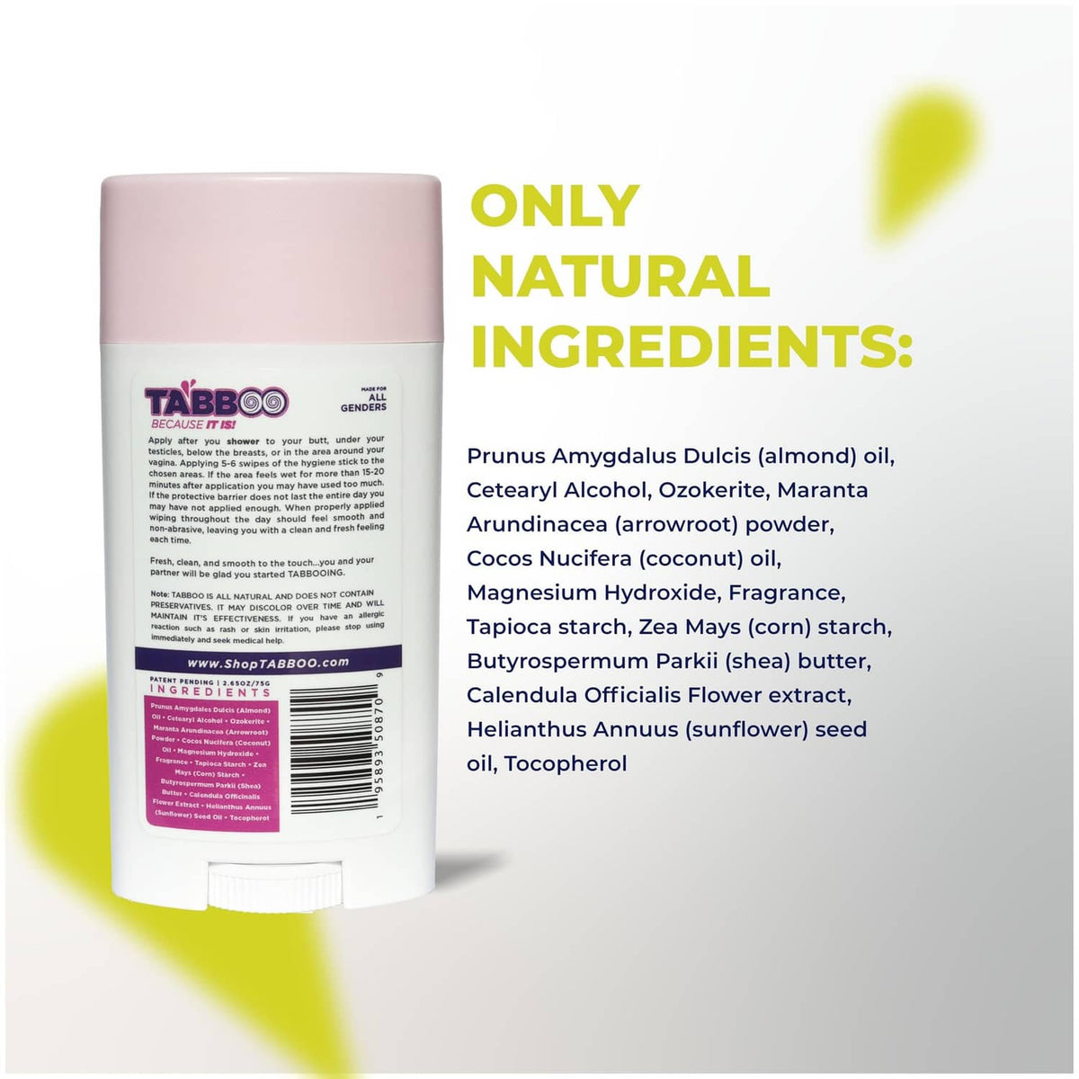 Hygiene stick deodorant back label with ingredients list and barcode