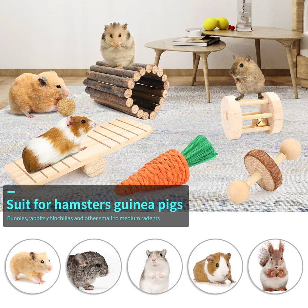 Wooden cage accessory set with log tunnel, ramp bridge, hanging chew tower, and hay treat balls
