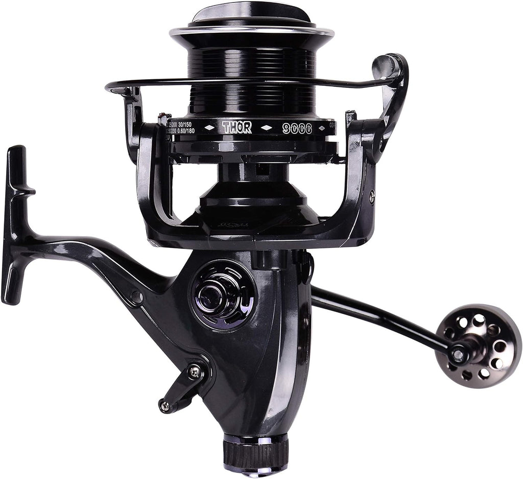 Black bait runner spinning fishing reel with metal spool and curved handle