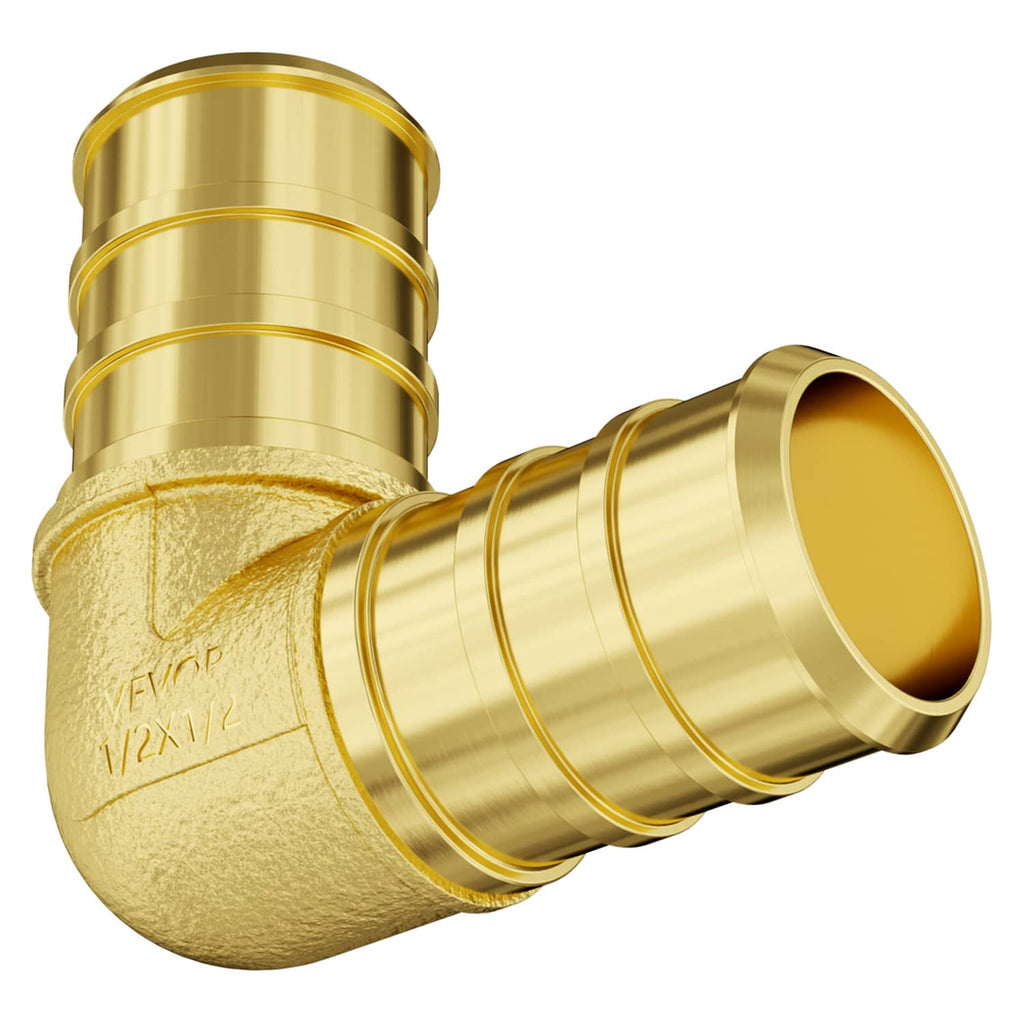Brass 1/2 in clamp-style elbow pipe fitting with curved body and grooved clamp rings