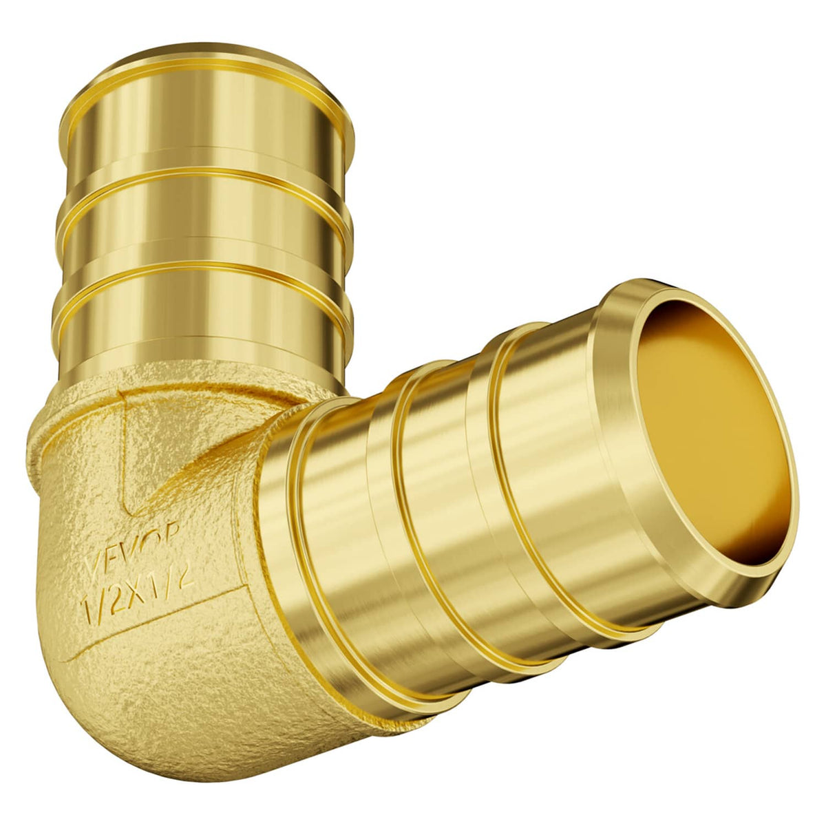 Brass 1/2 in clamp-style elbow pipe fitting with curved body and grooved clamp rings