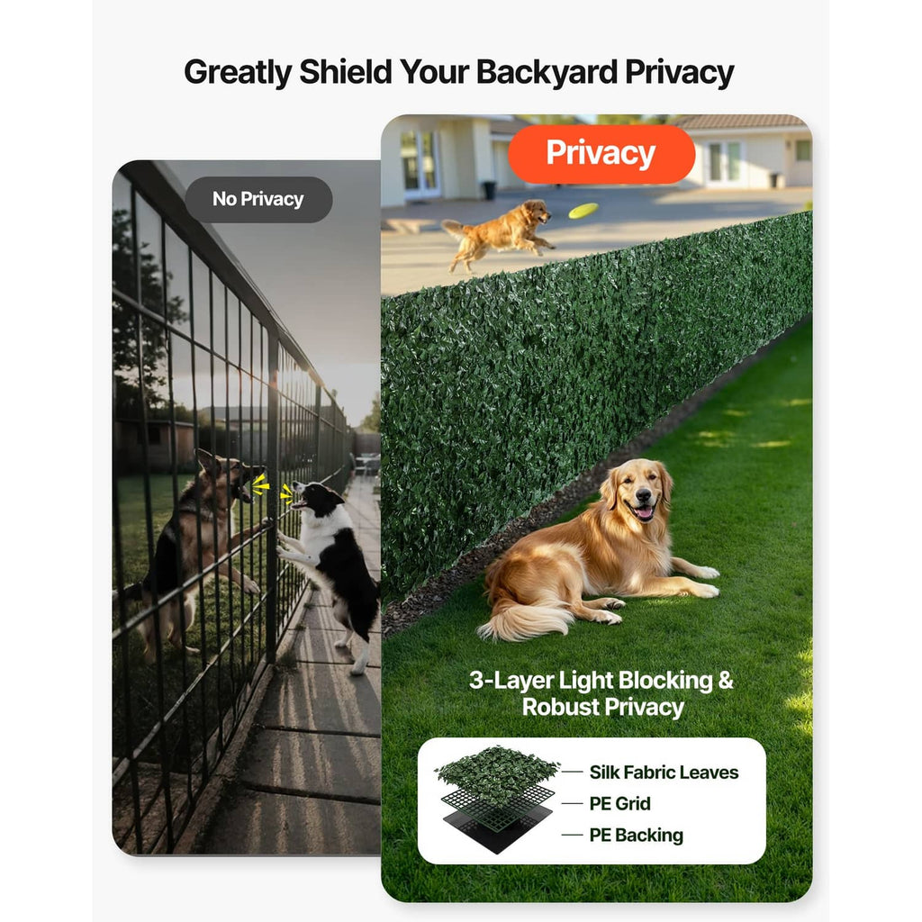 Green artificial privacy fence screen with dense leaf texture and mesh backing