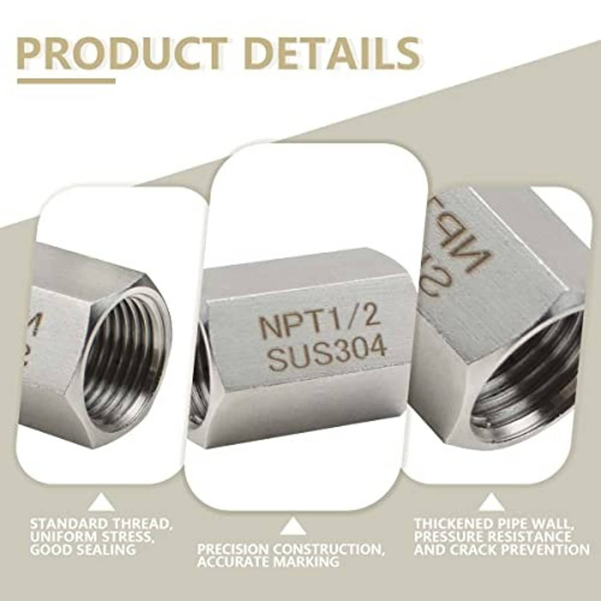 Stainless steel NPT 1/2 hex coupling, SUS304 marking; threaded ends shown