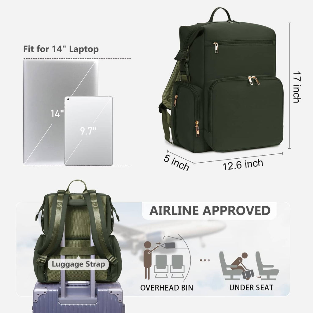Green diaper bag backpack sized to fit a 14-inch laptop with luggage strap and zip pockets.