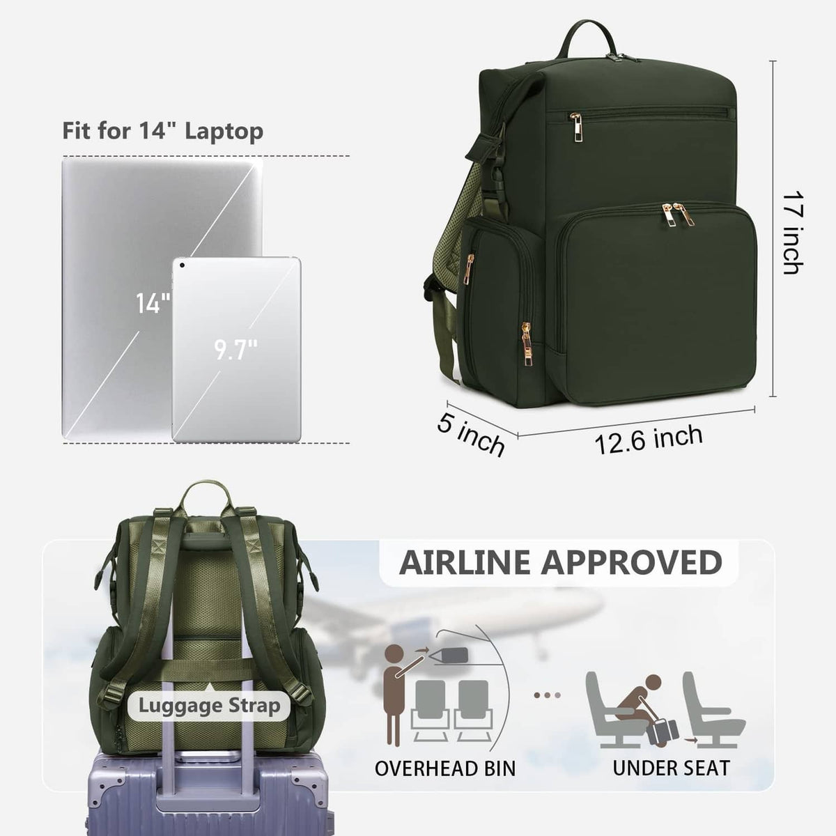 Green diaper bag backpack sized to fit a 14-inch laptop with luggage strap and zip pockets.