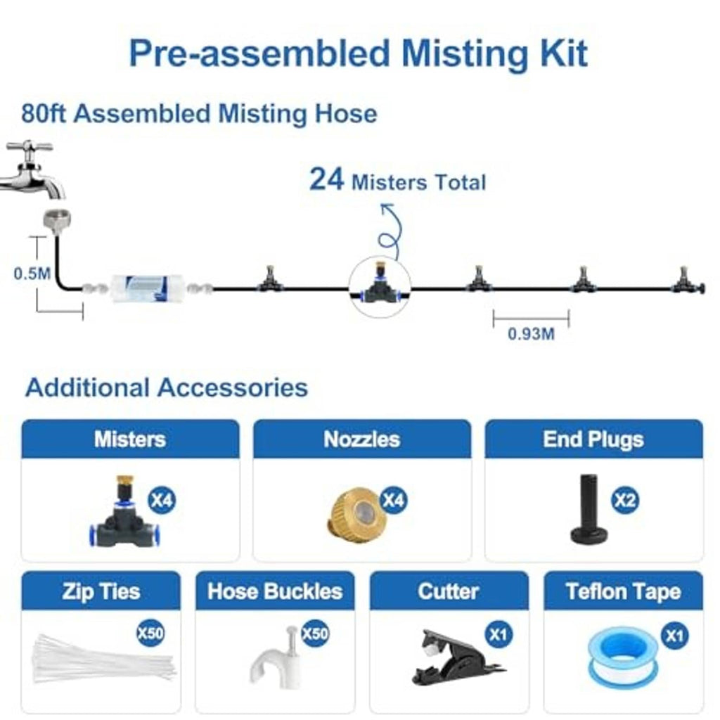 Pre-assembled misting hose kit diagram showing 24 misters total on an 80 ft hose