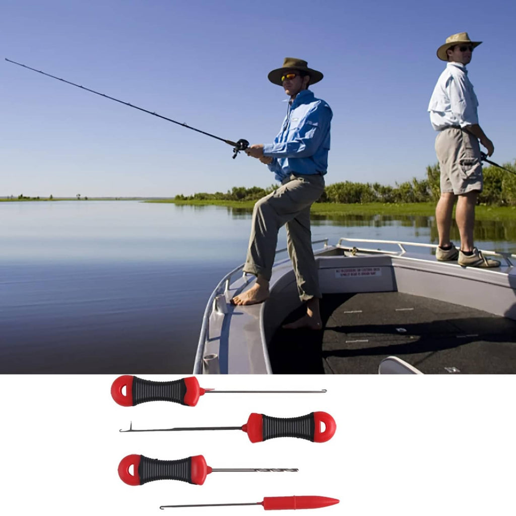 Four baiting needle rig tools with red-and-black grips and stainless needle tips
