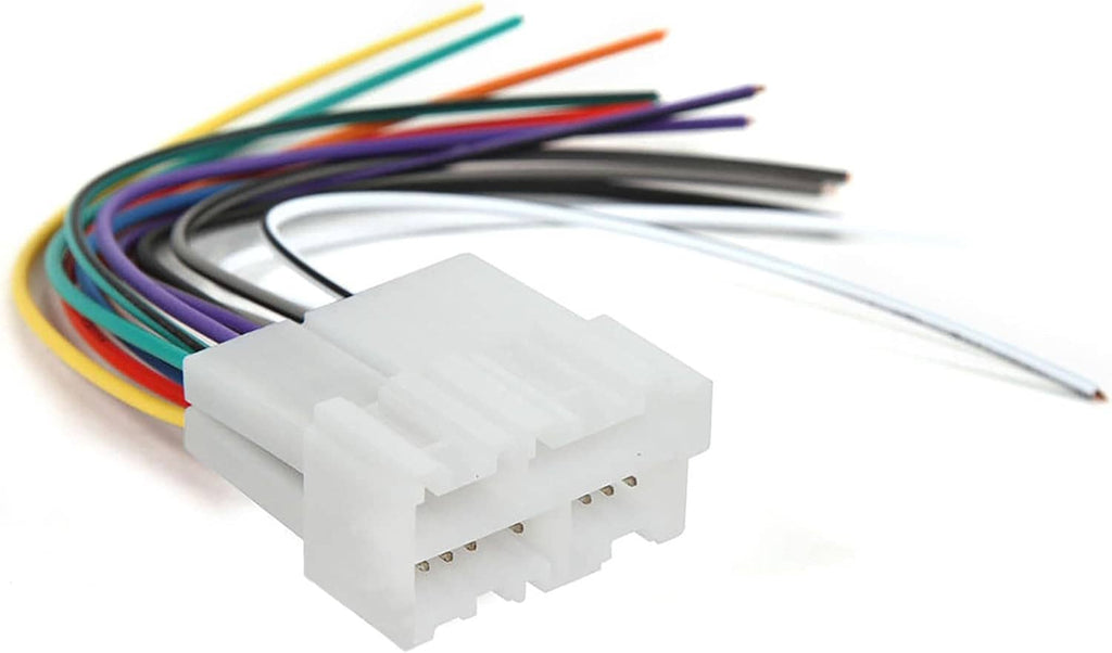 White car stereo wiring harness connector with multi-color and black wire leads
