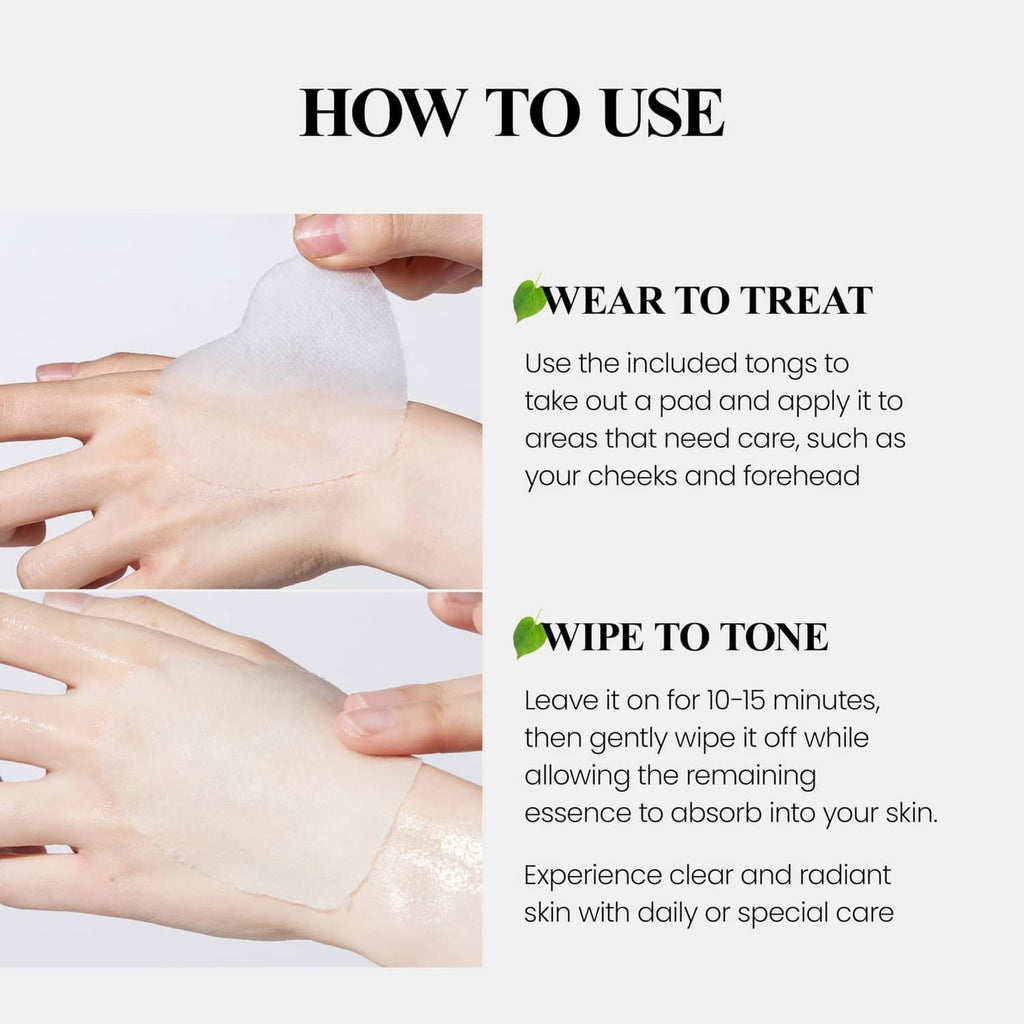 Hands applying a heart-shaped pad to the face, then wiping off after 10–15 minutes
