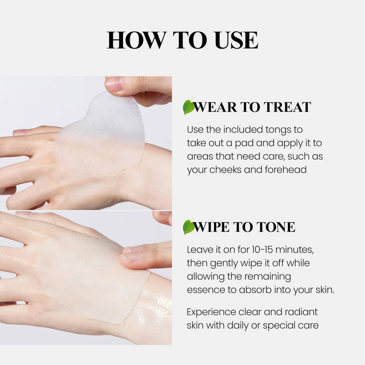 Hands applying a heart-shaped pad to the face, then wiping off after 10–15 minutes