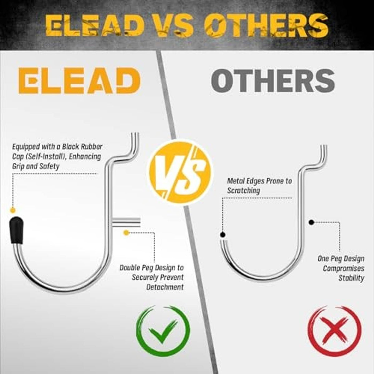 Pegboard hook design comparison infographic with curved metal U-shaped hooks