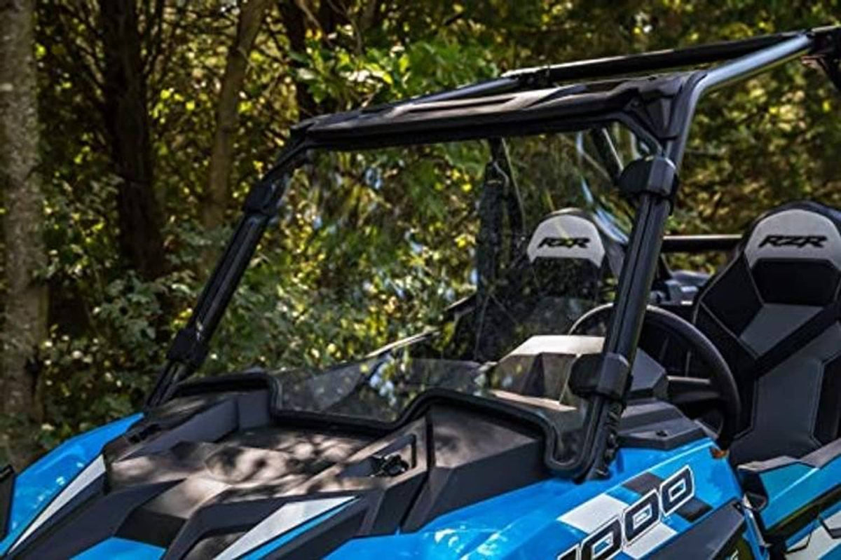 Full off-road UTV windshield with clear panels and black frame mounted on blue vehicle