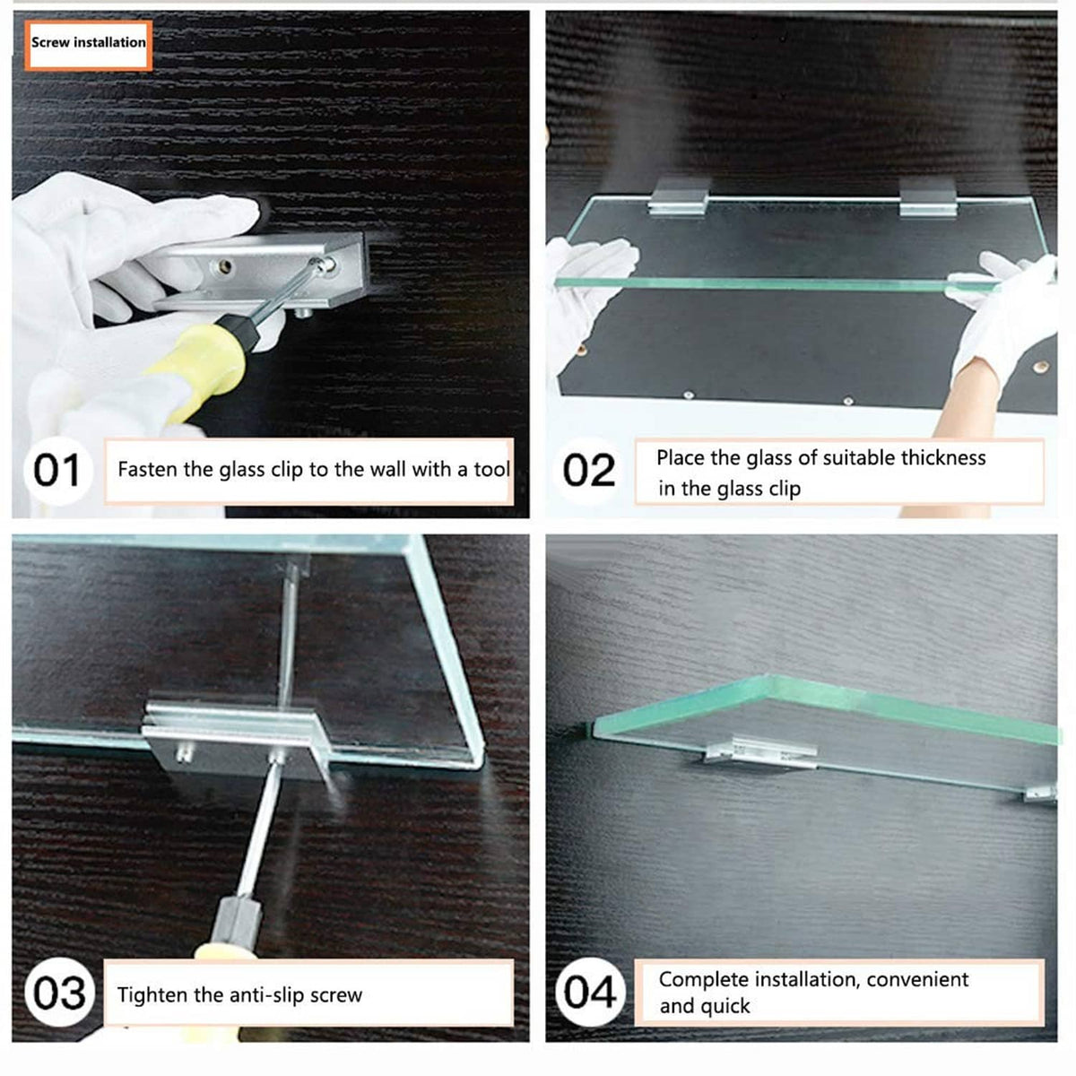 Square glass shelf clamp clips tightened with screws under glass panel