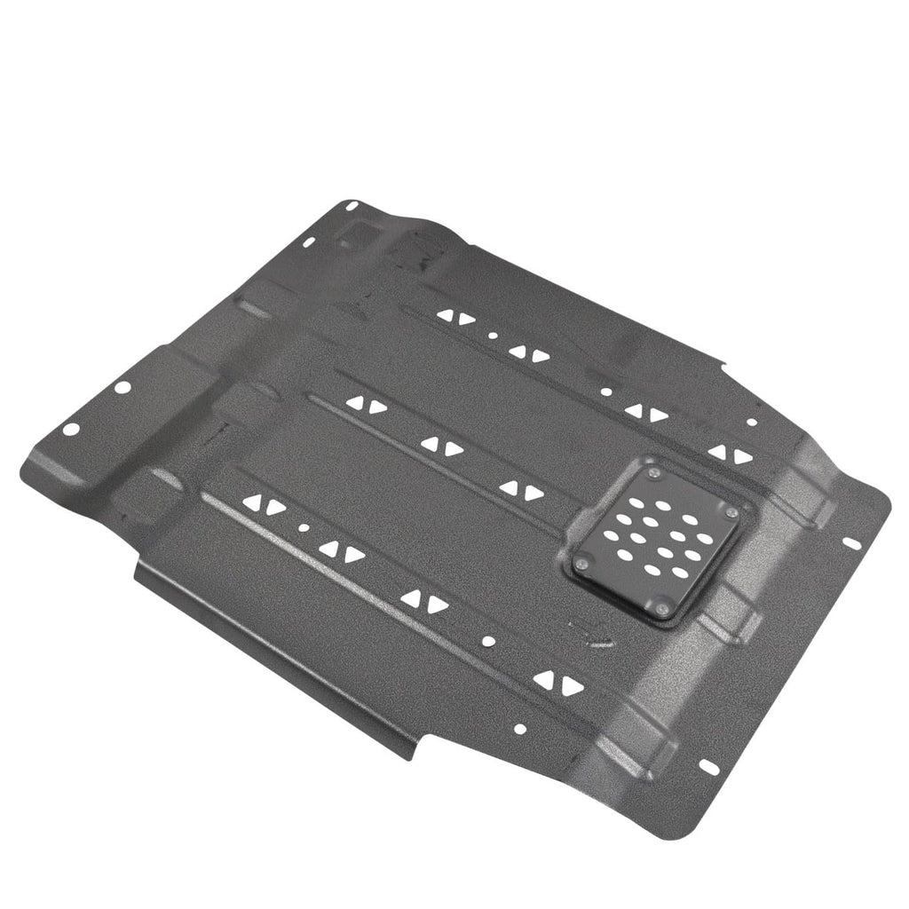 Black transmission skid plate with perforated access panel and mounting holes