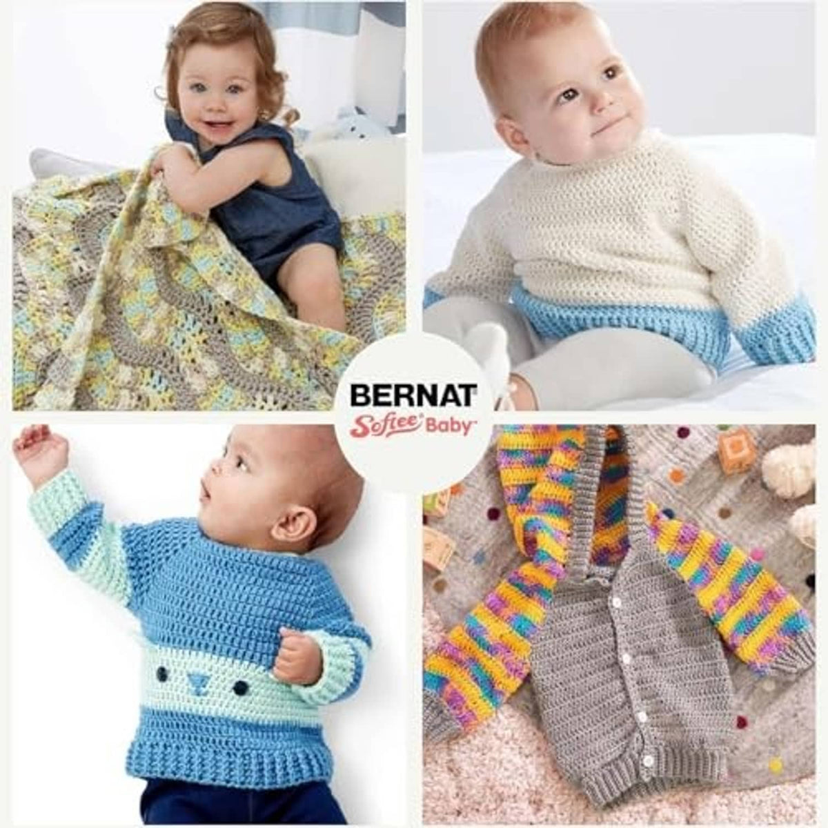 Baby wearing knitted sweaters in cream, blue, and multicolor stripes