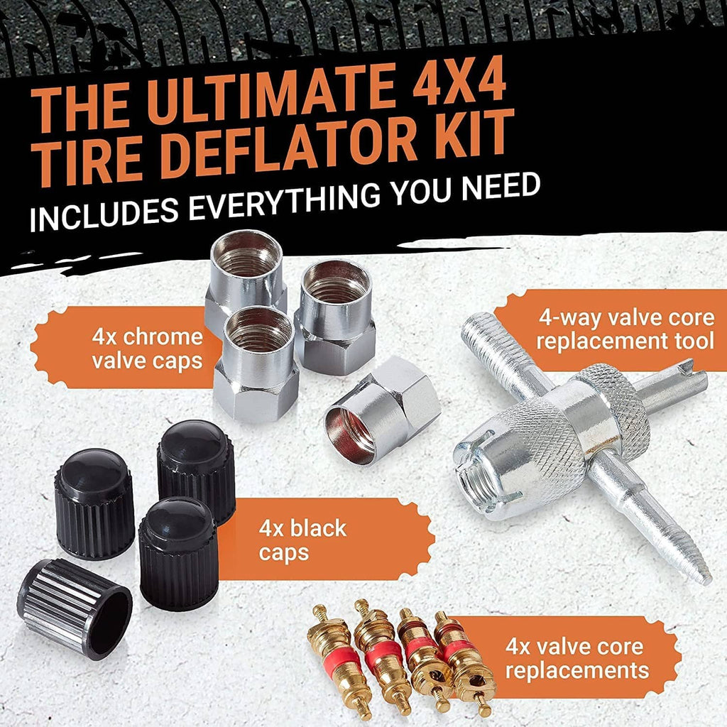 Tire deflator kit parts: valve caps, valve core replacements, and brass fittings