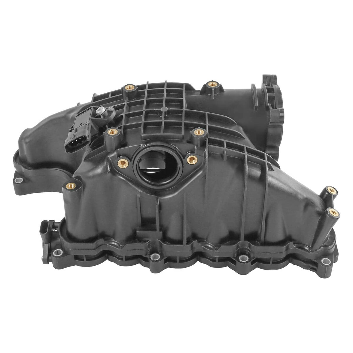 Black intake manifold assembly with circular throttle opening and mounting tabs