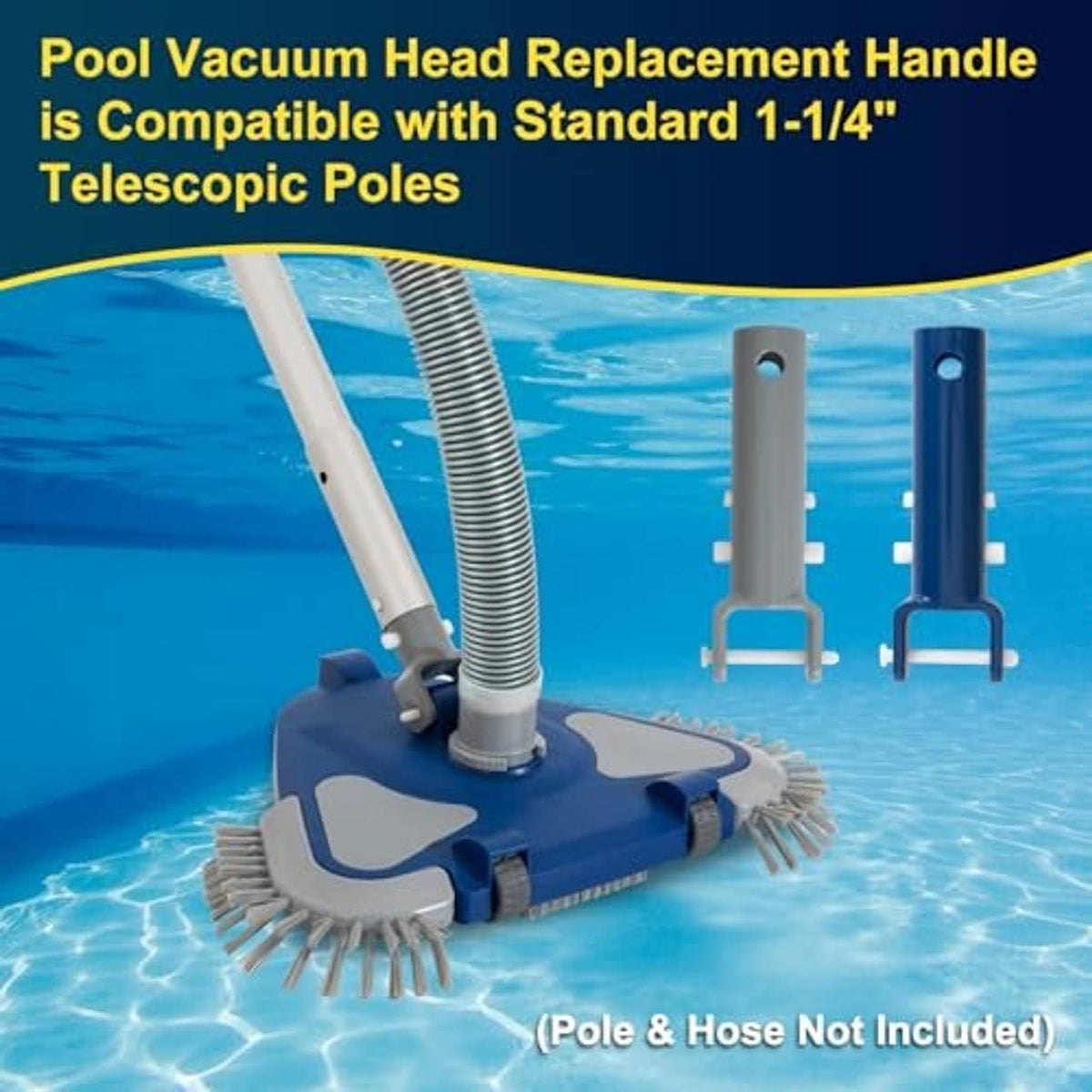 Pool vacuum head replacement with blue base and handle mounts for standard telescopic poles