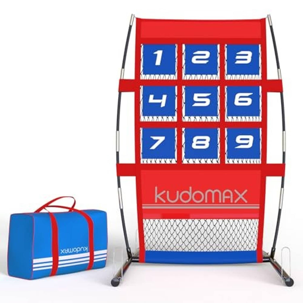 Portable pitching target net with red-and-blue numbered grid, mesh pocket bottom, storage bag