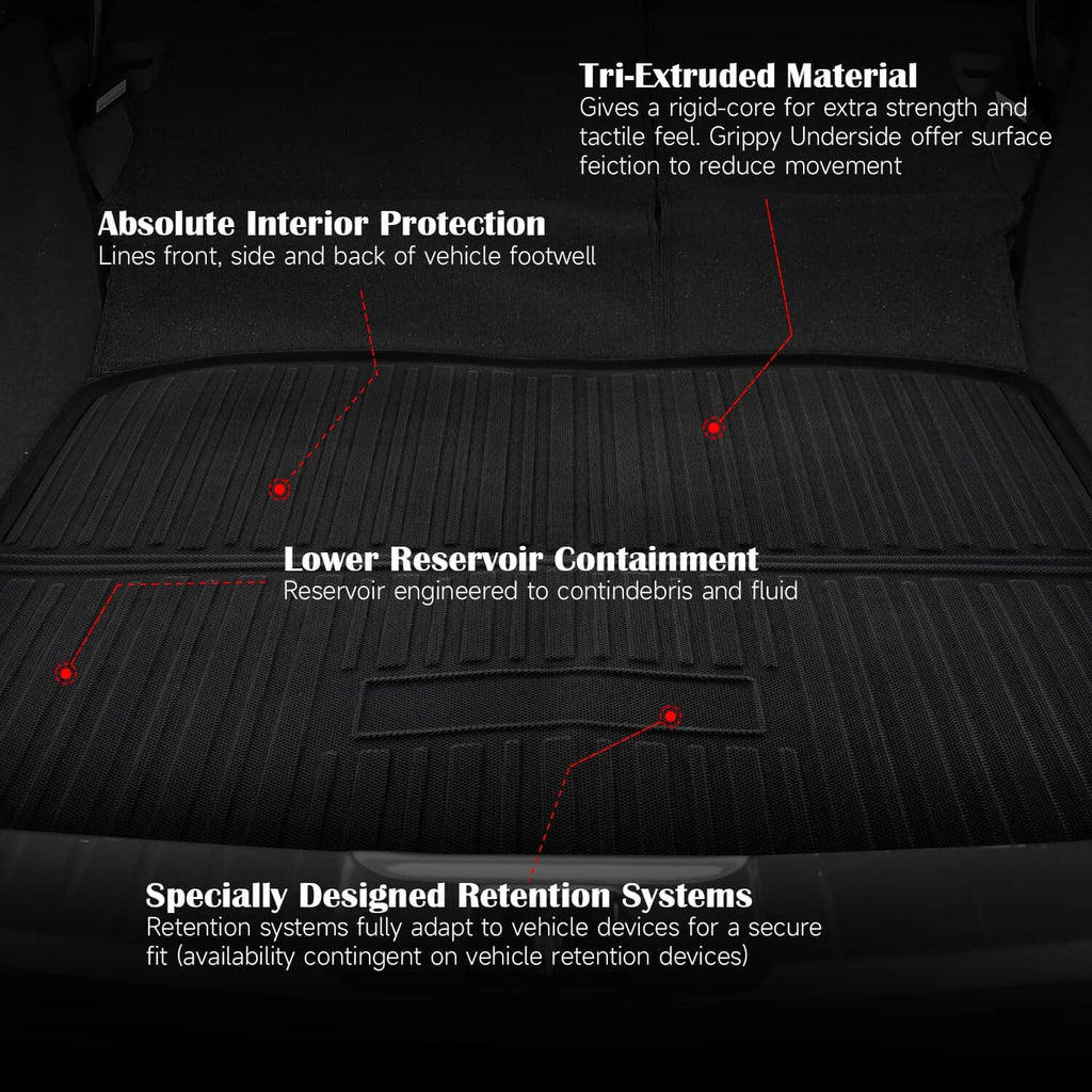 Black floor mat surface with molded channels and retention design markings
