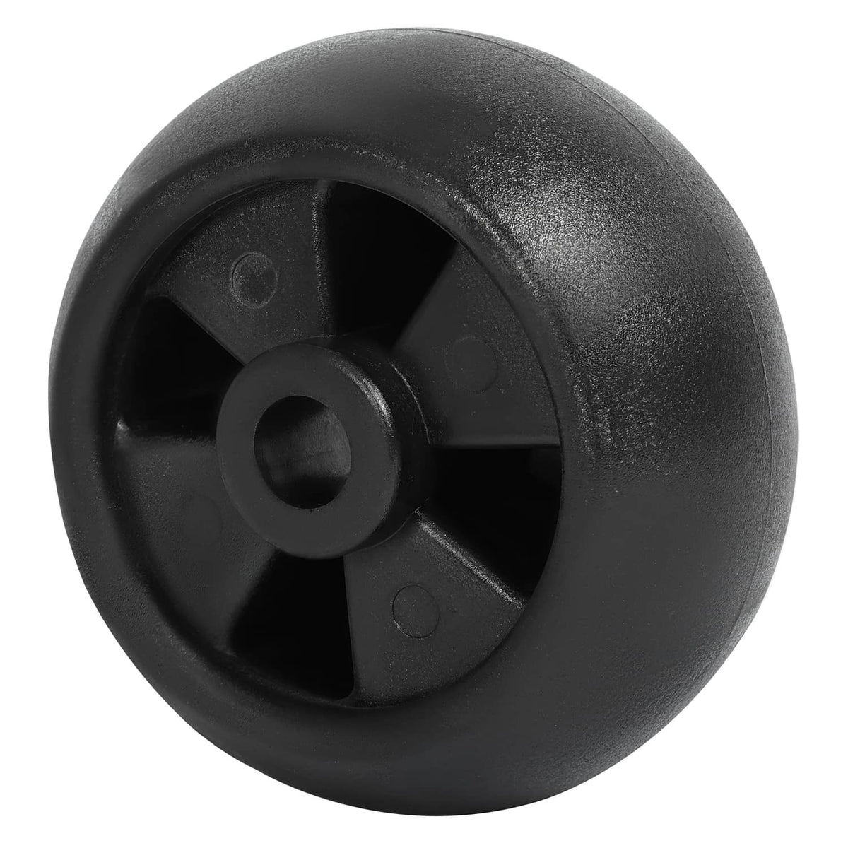 Black deck wheel with 5-spoke hub and center mounting hole (top view)