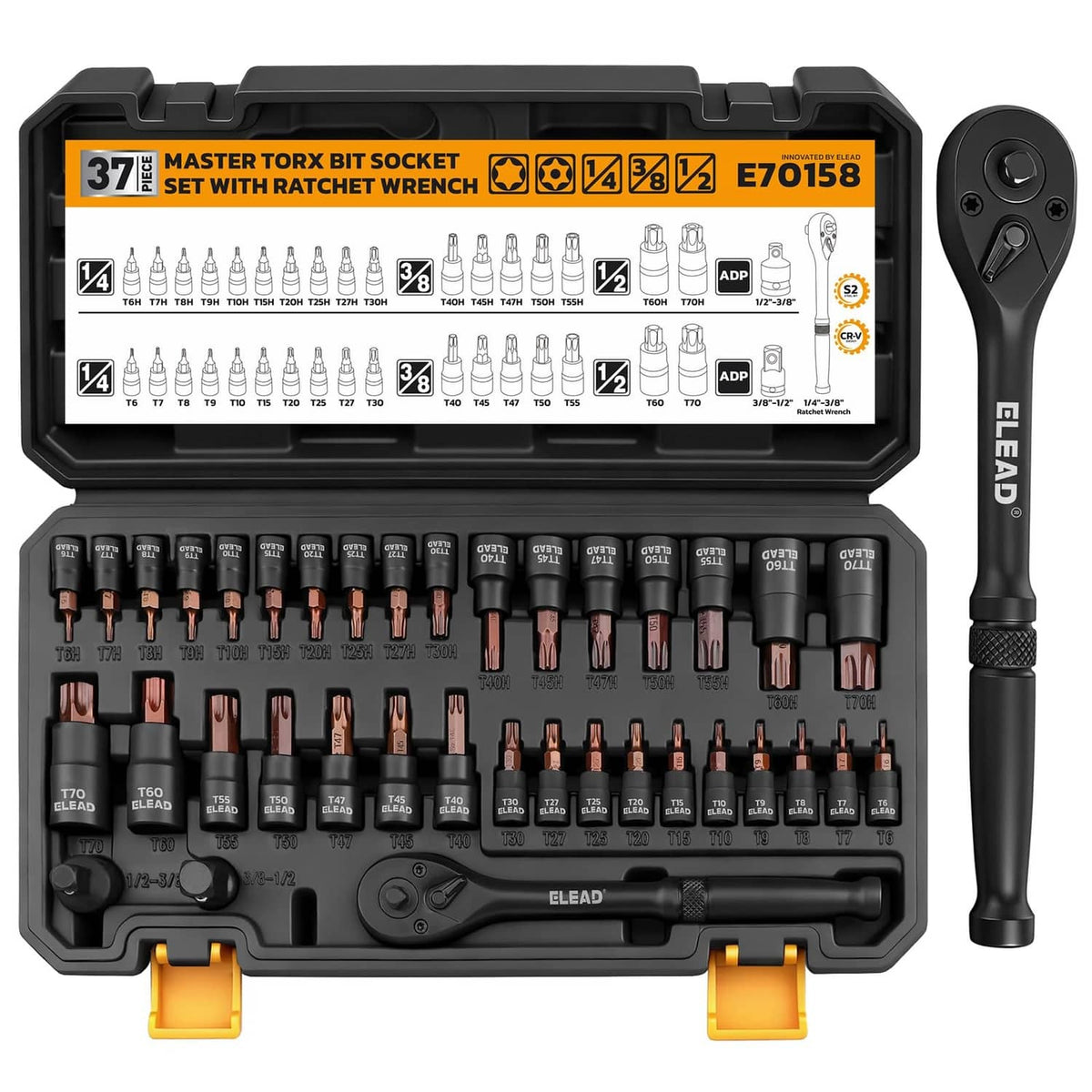 37-piece Torx bit socket set with 1/4, 3/8, and 1/2 drive ratchet wrench