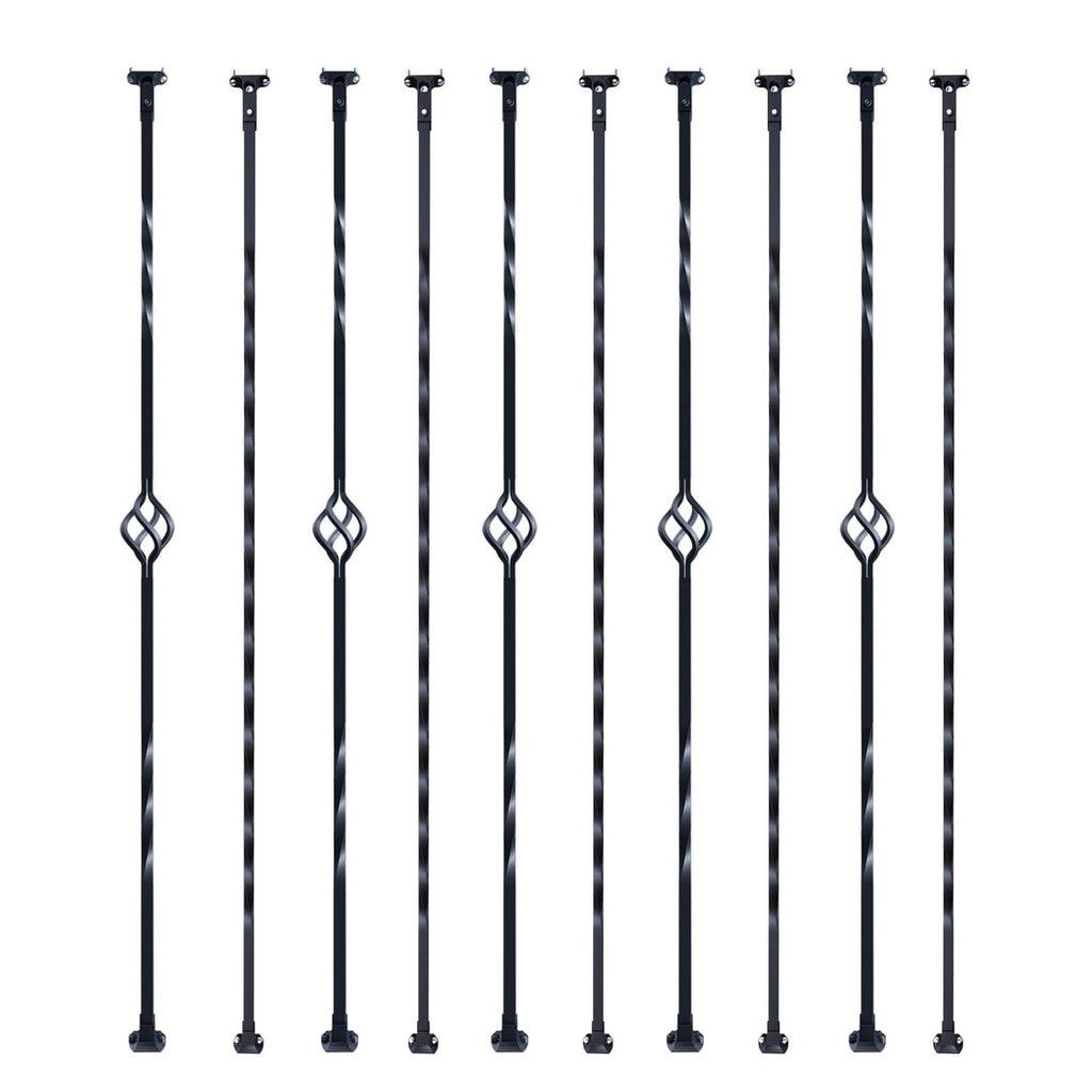 Set of black twist deck balusters with decorative basket rings and bracket top ends