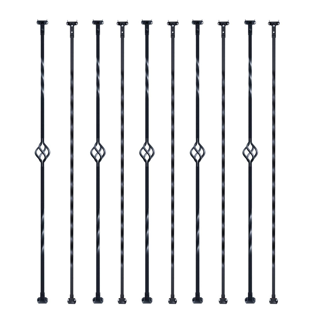 Set of black twist deck balusters with decorative basket rings and bracket top ends