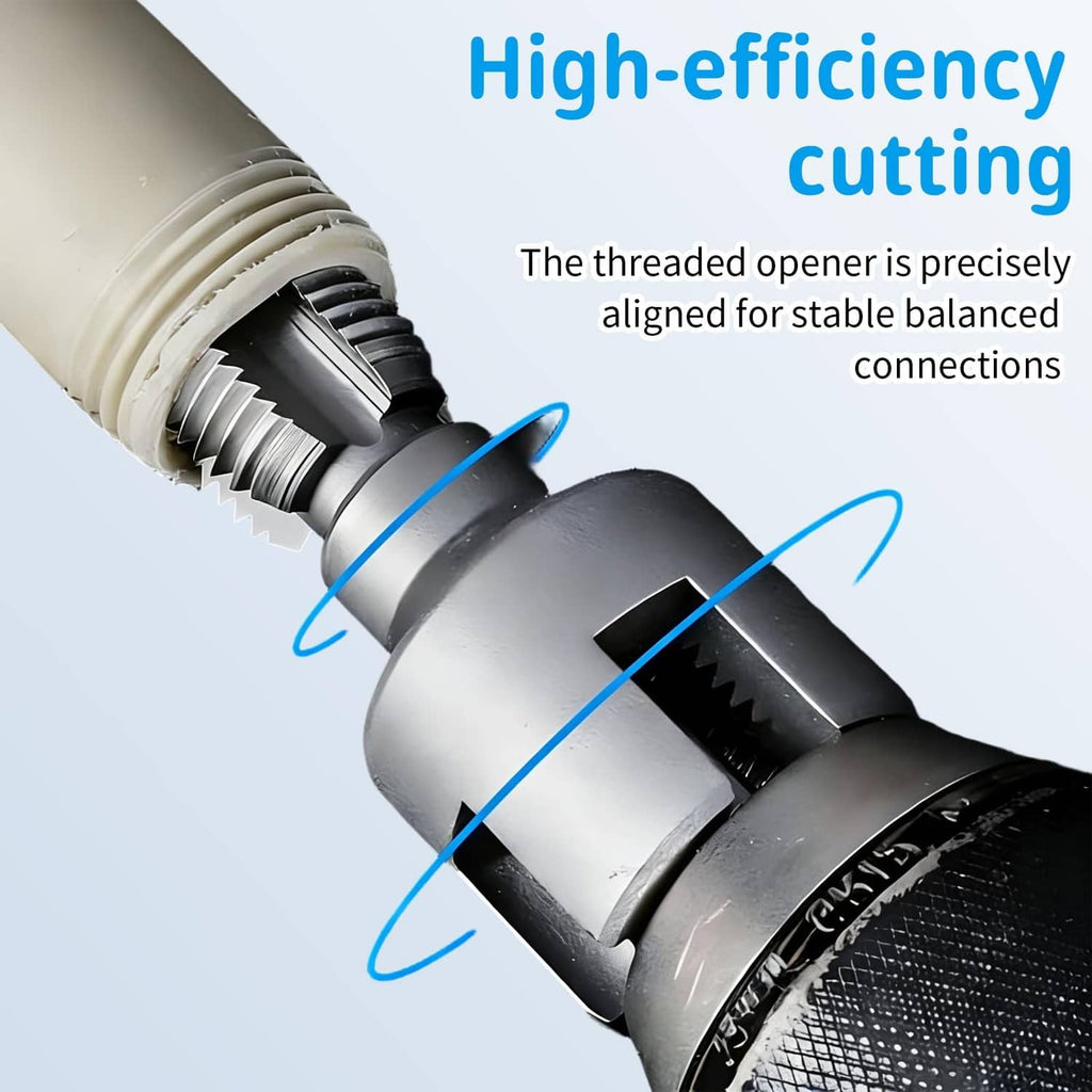 Metal pipe threading cutter with serrated blades and aligned collar for connections