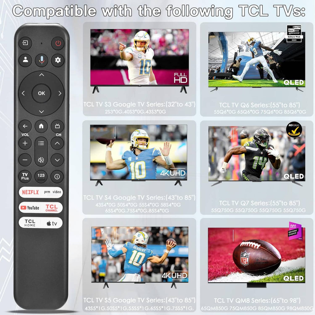 Black replacement TV remote with button layout and compatibility model list