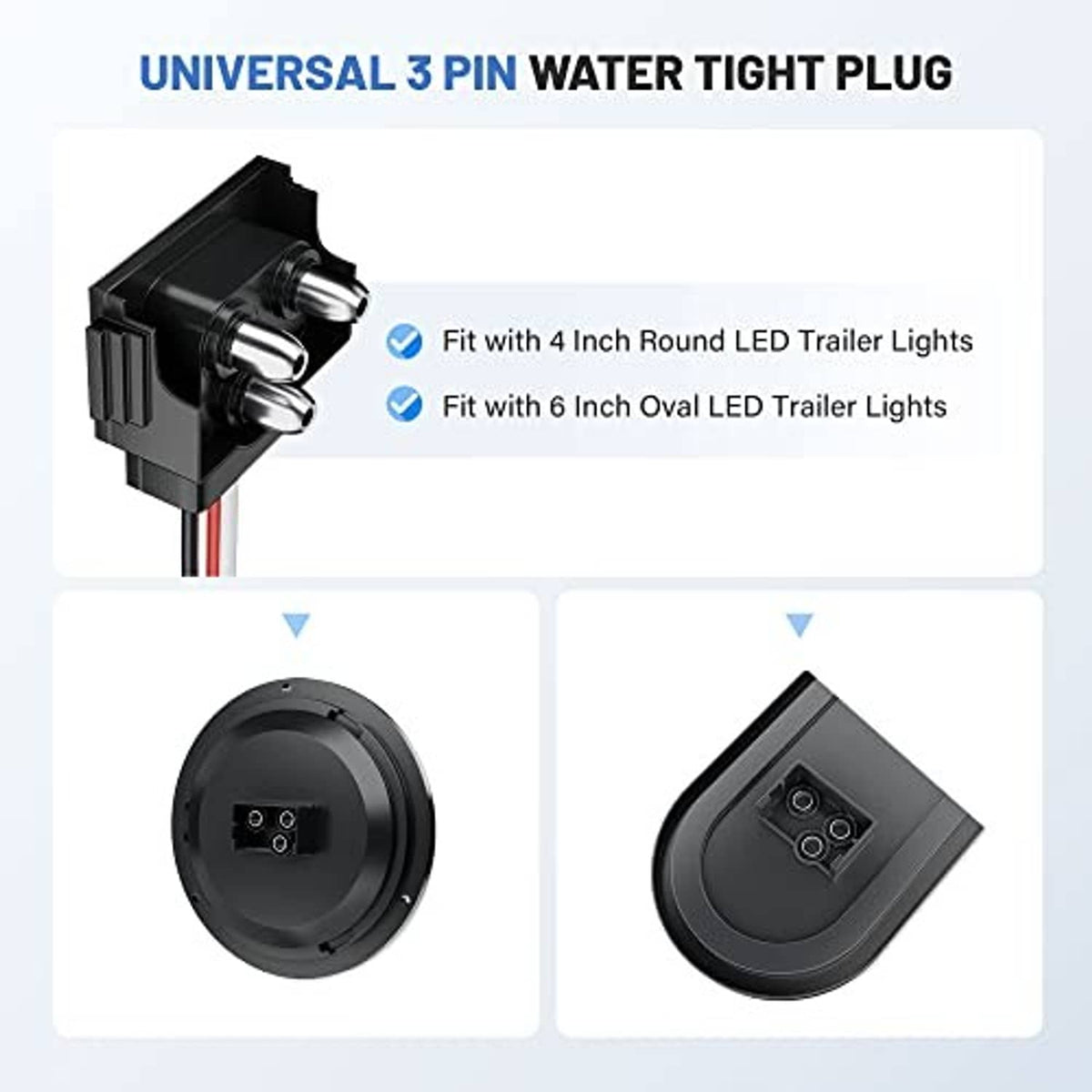 Three-pin waterproof plug connector with black housing and visible contact openings