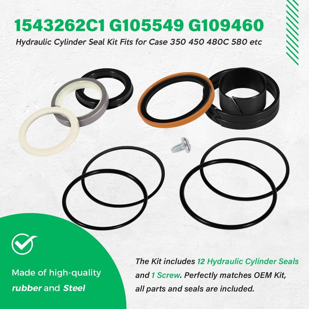 Hydraulic cylinder seal kit with assorted seal rings in black, orange, white and gray plus screw