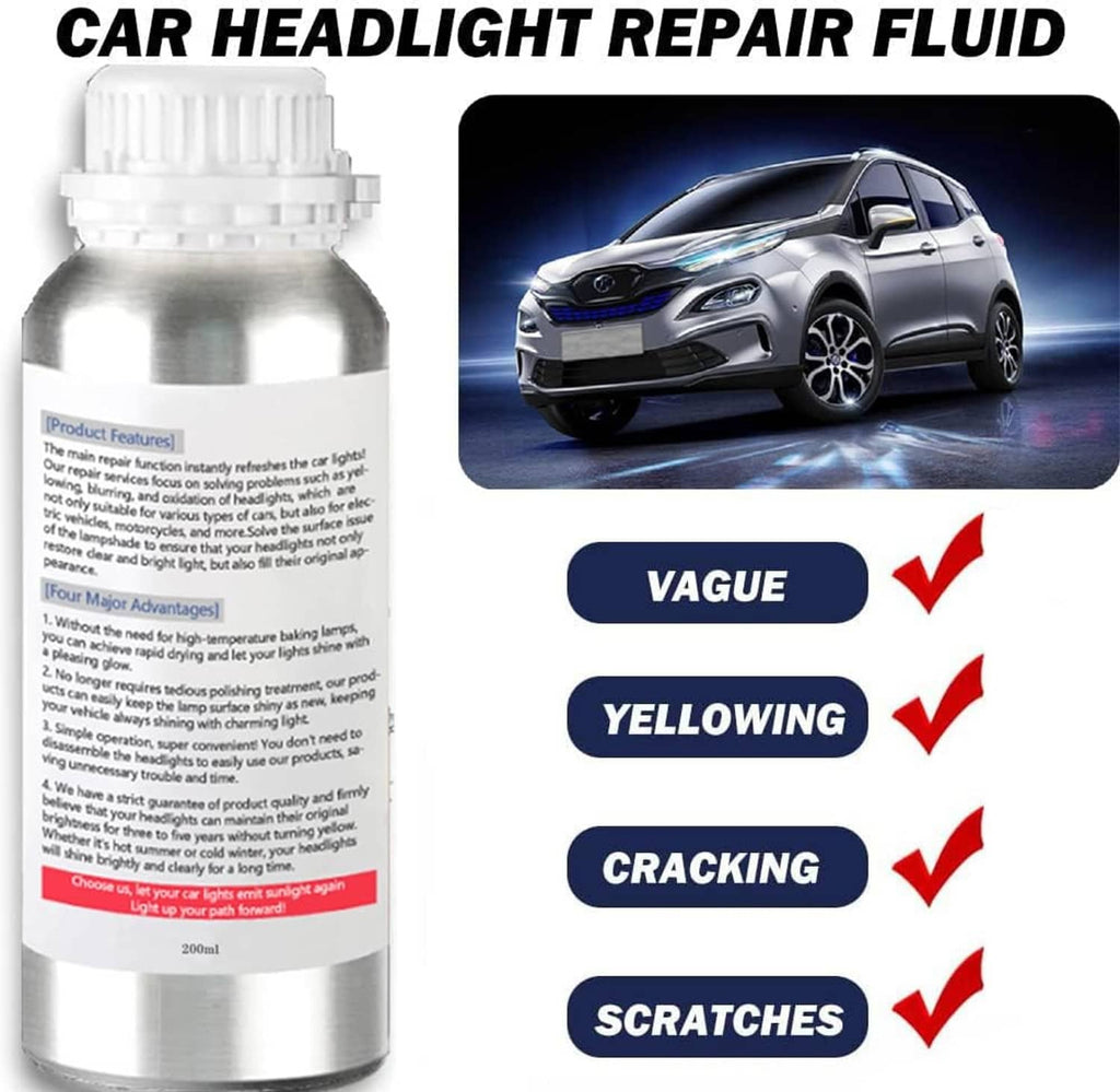 Car headlight repair fluid bottle with label and white cap, 200 ml