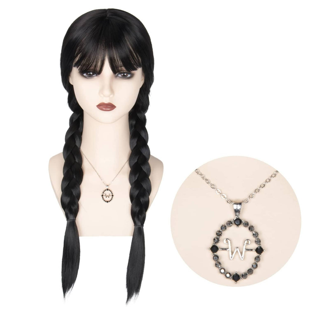 Black long braided wig with bangs, two side braids