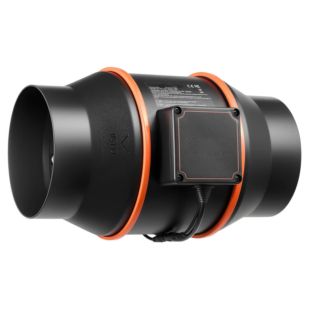 6-inch inline ventilation fan with black ducts and orange-accent control module