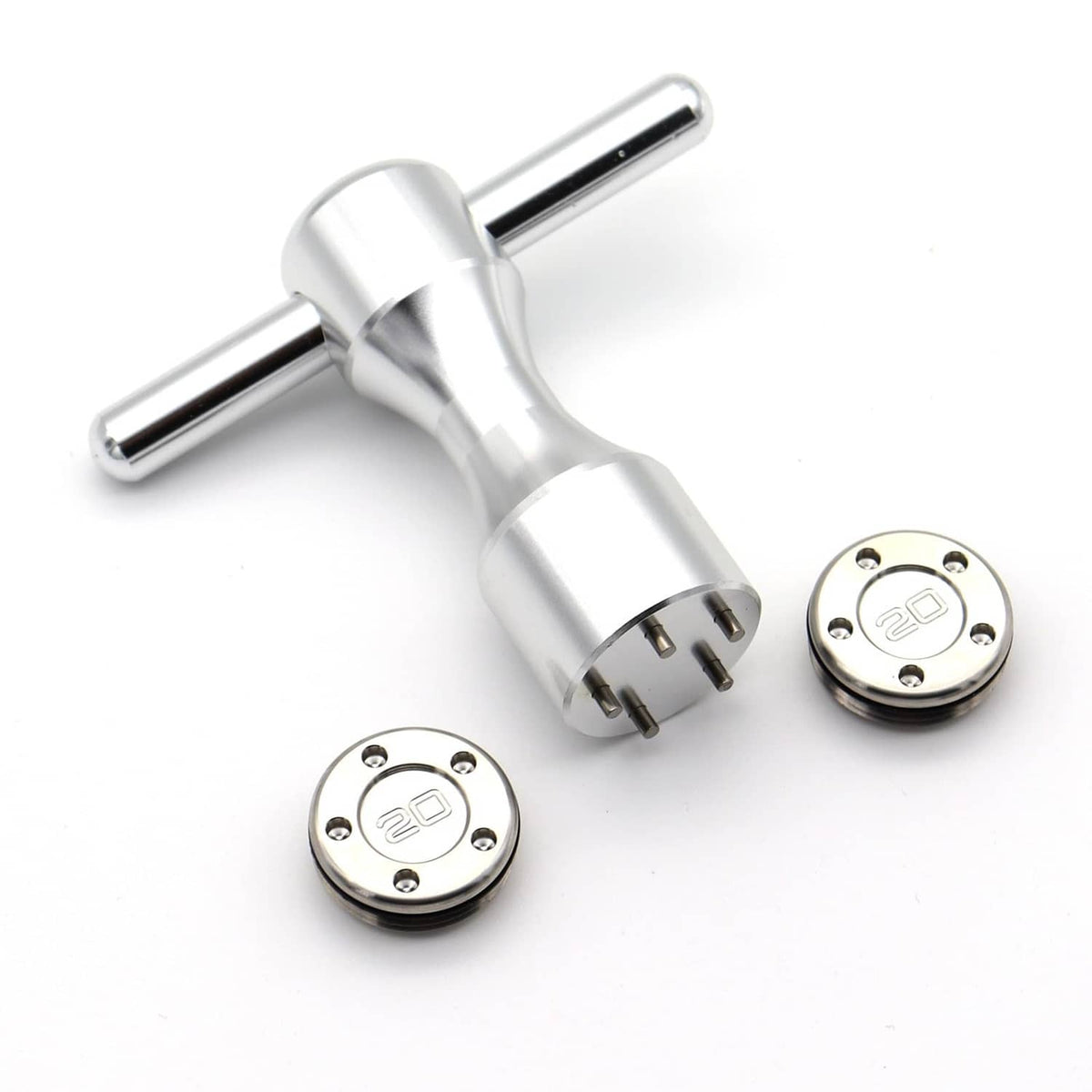 Silver golf putter weight kit with wrench and two 20g inserts